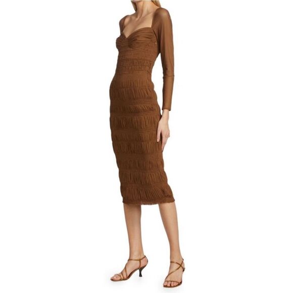 SELF-PORTRAIT Shirred Long Sleeve Midi-Dress in Caramel NWT Size 2 - Picture 3 of 11